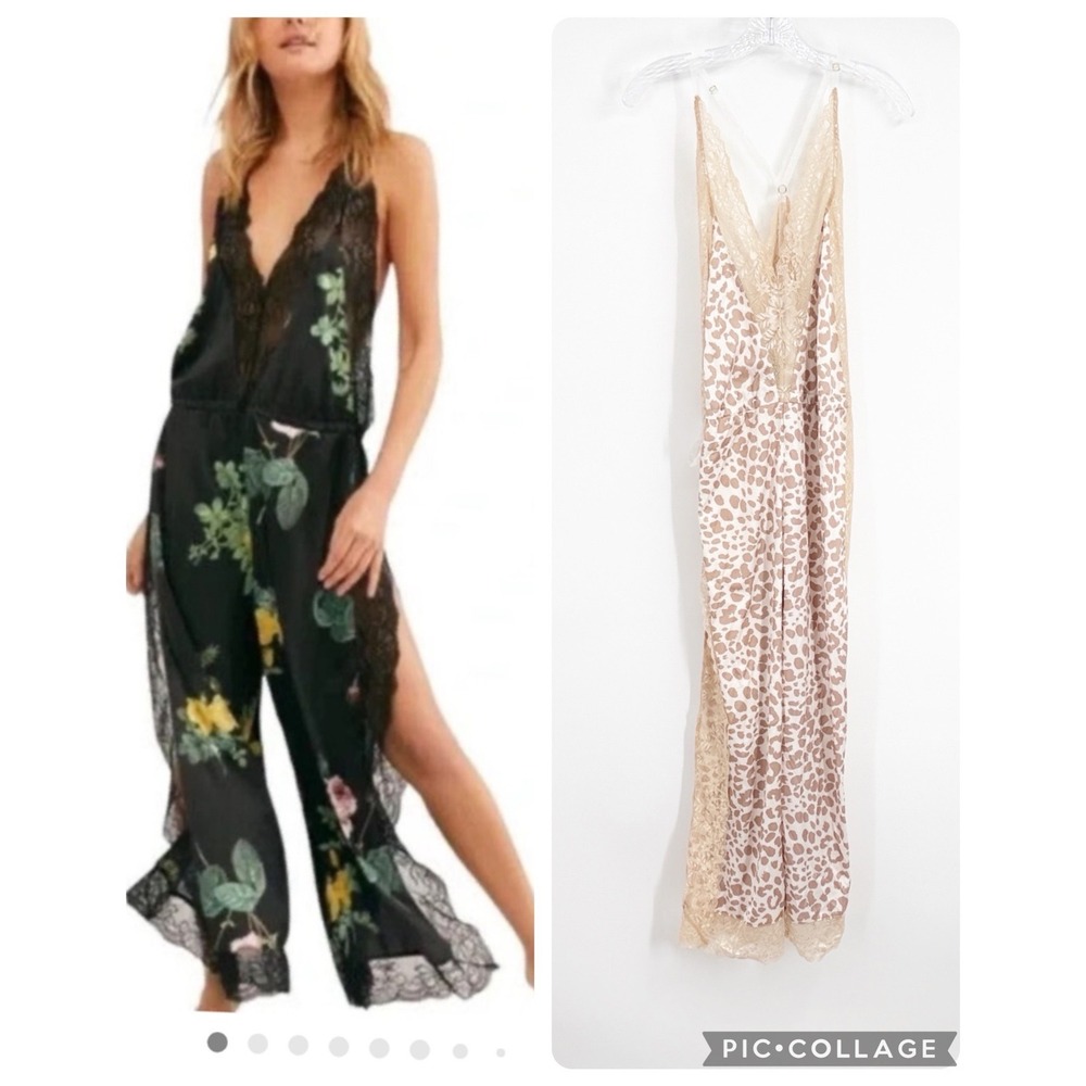 Free People Noblesse Oblige Leopard Print Silk Blen Lace Open Leg Jumpsuit Small